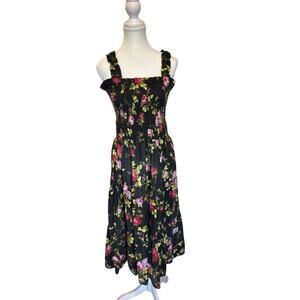 Morgan Taylor | Vintage Black Floral Smocked Cotton Blend Tiered Dress | XL